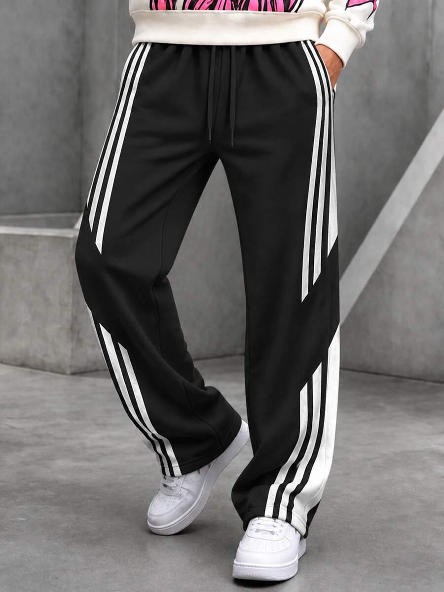 Krometka Men's Side 3 White Stripe Patchwork Wide Leg Sports Pants, Small Logo Embroidered Drawstring Elastic Waist Straight Leg Casual Long Pants - Black - View 1