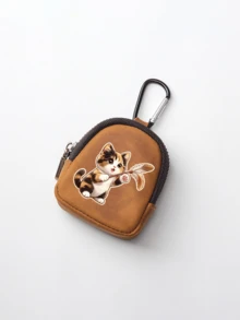 Cute Cat Print Mini Zipper Key Pouch With Carabiner, Portable PU Leather Small Coin Purse Earphone Storage Bag, Kawaii Small Accessories Gift - Multicolor - View 12