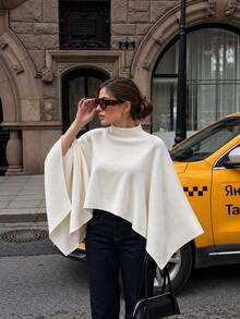 NOVELLE Women's White Sleeveless High Neck Poncho Knit Pullover Sweater, Asymmetric Loose Fit High Neck Sweater, Suitable For Daily Commute,Streetwear - White - View 10