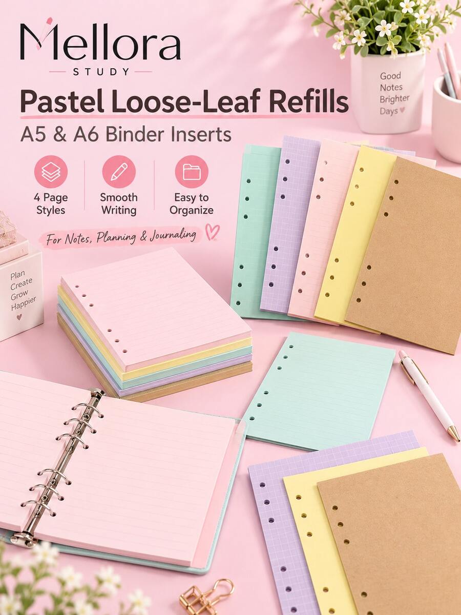 40 Sheets 6-Hole Loose Leaf Refill Paper, Colorful Loose Leaf Binder Inner Pages, Lined/Grid/Blank Planner Refill Pages, Suitable For 6-Ring Notebooks - Multiple Styles - View 1
