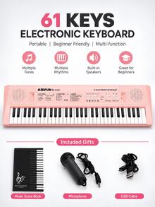 Teclado electrónico de 61 teclas con micrófono, instrumento de teclado multifuncional de entrada, alimentación dual, uso dual con enchufe y batería, instrumento musical portátil para actuaciones en el hogar, práctica musical y uso diario - Varias opciones disponibles (embalaje mejorado) - Ver 20