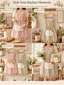 Celemek Motif Bunga Klasik, Celemek Tanpa Lengan Bergaya Gaun dari Kain Poliester dengan Hiasan Rumbai, Dekorasi Renda, dan Saku Depan Besar, Tali Belakang yang Dapat Diatur, Cocok untuk Memasak, Memanggang, Membersihkan Rumah, dan Penggunaan Rumah Tangga Sehari-hari - Berbagai gaya - View 5