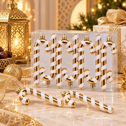 6Pcs Gold White Striped Candy Cane Christmas Ornaments Set, Glossy Glitter Hook Cane Design, Luxury Xmas Tree Hanging Pendants Gift Box