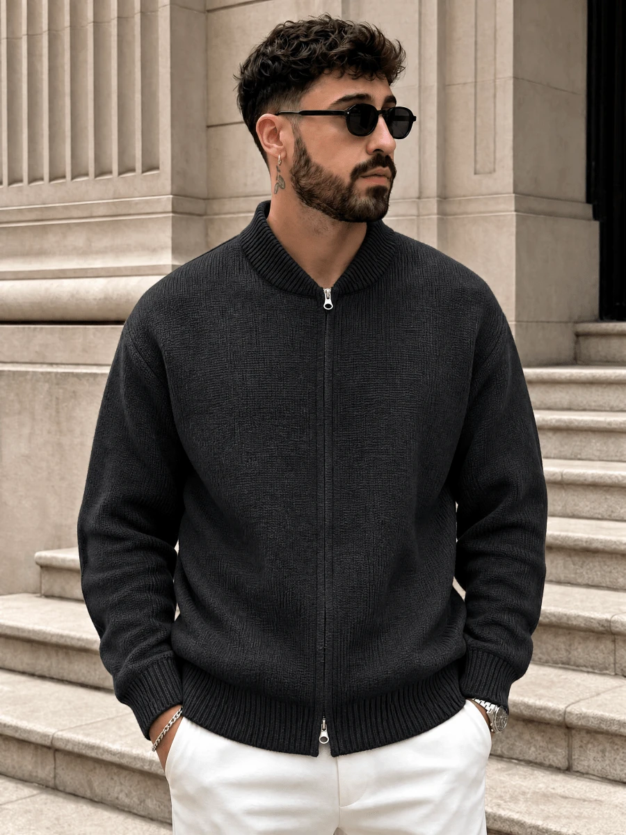 Lookun Men's Casual Half-Zip Cardigan, Suitable For Urban Commute, Friends Gathering, Holiday Stroll - Black - View 1