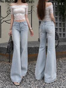 YEAE | American Style Hot Girl Low Waist Wide Leg Flared Jeans Slimming Elastic Denim Pants Solid Color Casual Fall - Light Wash - View 1