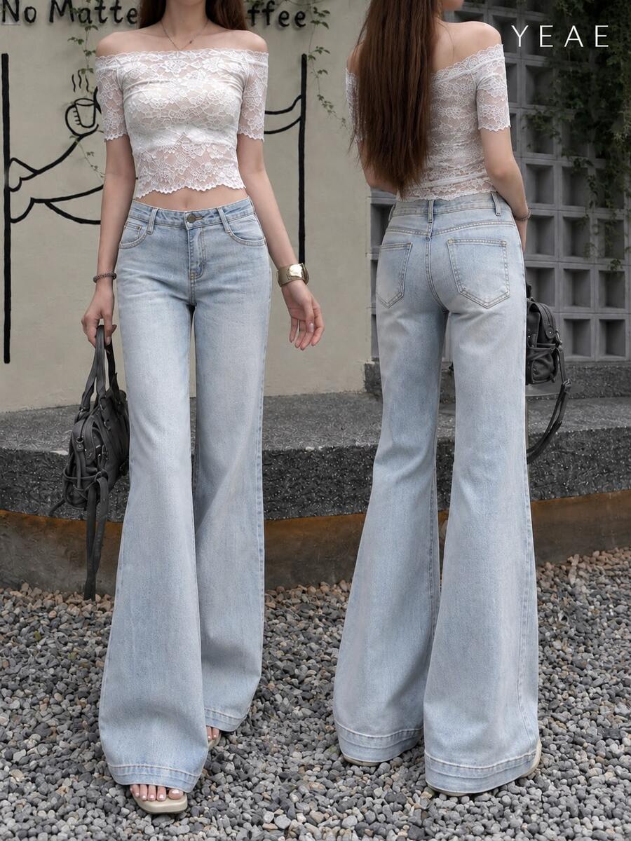 YEAE | American Style Hot Girl Low Waist Wide Leg Flared Jeans Slimming Elastic Denim Pants Solid Color Casual Fall - Light Wash - View 1