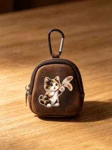 Cute Cat Print Mini Zipper Key Pouch With Carabiner, Portable PU Leather Coin Purse Earphone Storage Bag, Japanese Style Cute Small Accessory Gift - Multicolor - View 6