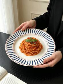 1pc Premium Line Ceramic Dinner Plate, Exquisite Western Pasta Plate, Dessert Cake Plate, Vegetable Salad Plate, Suitable For Home, Restaurant, Cafe, Dessert Shop, Gift, Party, Gathering - Blue - View 1
