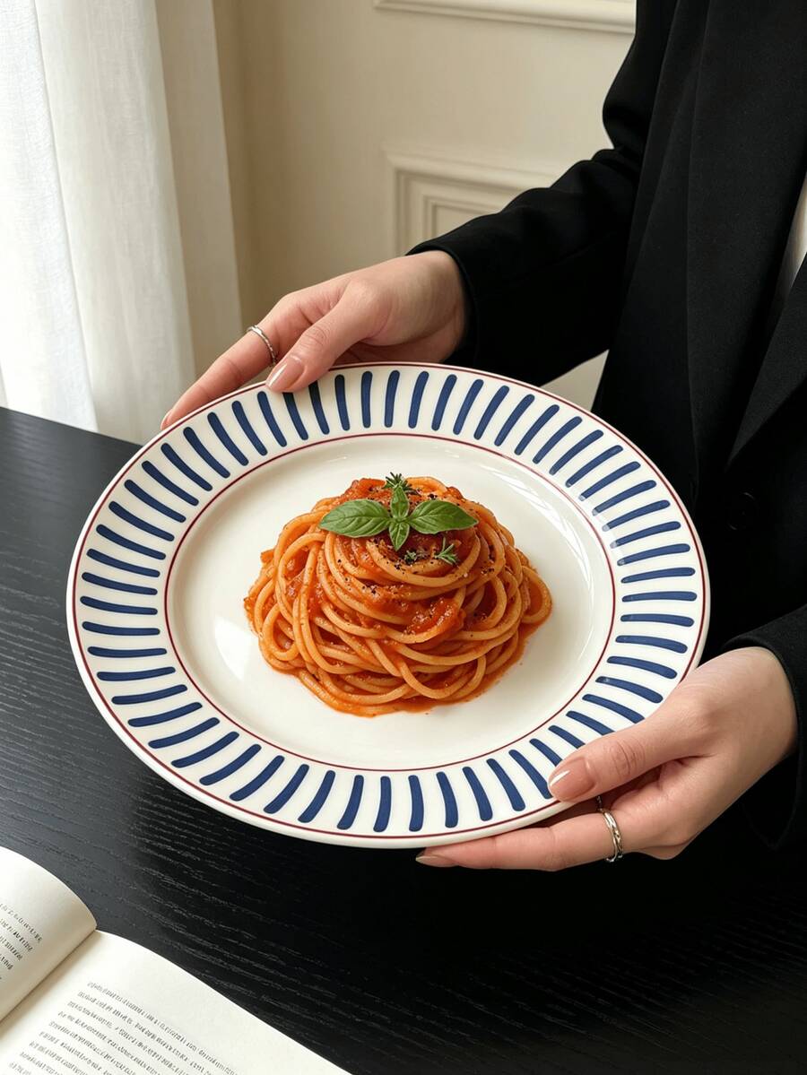 1pc Premium Line Ceramic Dinner Plate, Exquisite Western Pasta Plate, Dessert Cake Plate, Vegetable Salad Plate, Suitable For Home, Restaurant, Cafe, Dessert Shop, Gift, Party, Gathering - Blue - View 1