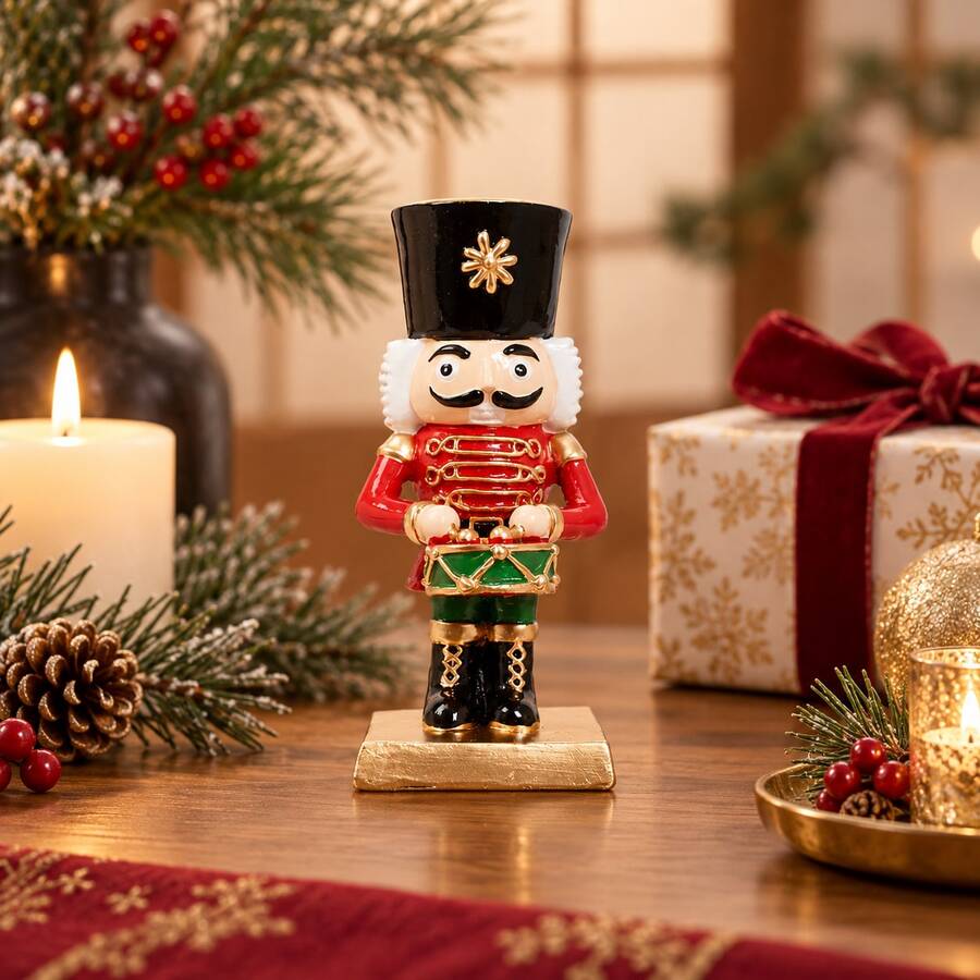 1pc Classic Red Gold Drum Playing Nutcracker Soldier Resin Figurine, Christmas Tabletop Decor, Glossy Xmas Drummer Statue For Home Holiday Display