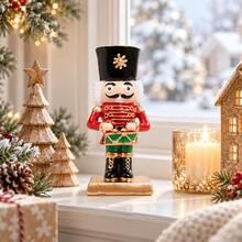 1pc Classic Red Gold Drum Playing Nutcracker Soldier Resin Figurine, Christmas Tabletop Decor, Glossy Xmas Drummer Statue For Home Holiday Display - one-size - View 6