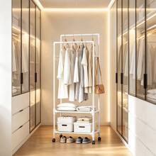 Double-Pole Vertical Clothes Drying Rack, Tall Hanging Area For Long Garments To Prevent Dragging, Side Hooks For Bags And Keys, Bottom Storage Shoe Rack, Thickened Steel Tube For Strong Load-Bearing, Floor-Standing Drying Rack For Home Bedroom - Single/Double-layer Drying Rack - View 3