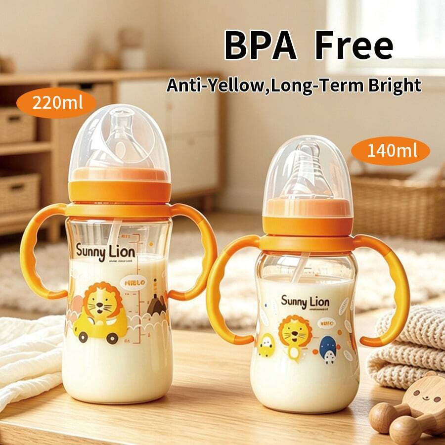 1pc/2pcs Little Lion Pattern Automatic Grip Baby Bottle, PPSU Material, High Temperature Sterilizable, 140ml Suitable For 0-6 Months, 220ml Suitable For 6 Months And Above, Anti-Colic, 360° Gravity Ball, Easy-Grip Handle, Material, Suitable For Newborns And Infants Daily Feeding - Orange - View 1