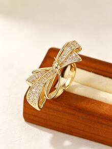 1pc Luxury Rhinestone Bow Open Ring For Women, Gold-Plated Zirconia Inlaid Adjustable Finger Ring, Niche Delicate Versatile Ring - Bow Ring - View 3