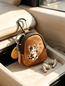 Cute Cat Print Mini Zipper Key Pouch With Carabiner, Portable PU Leather Small Coin Purse Earphone Storage Bag, Kawaii Small Accessories Gift - Multicolor - View 6
