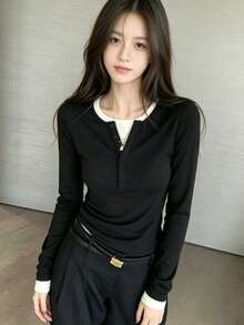 Contrast Color 2 In 1/Deconstructed Daily Home Early Autumn Long Sleeve Women's T-Shirt - Black - View 4