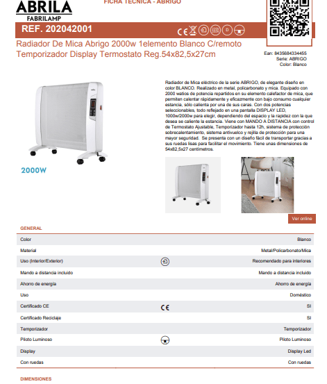 Avant ABRILA 2000W Mica Oil-Filled Radiator, 1 Element, White, 2 Power Settings, Tip-Over Protection, Wheels, Adjustable Thermostat, 54x79x27cm - EU F Type Plug(220-240V) - View 4