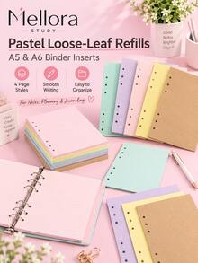 40 Sheets 6-Hole Loose Leaf Refill Paper, Colorful Loose Leaf Binder Inner Pages, Lined/Grid/Blank Planner Refill Pages, Suitable For 6-Ring Notebooks - Multiple Styles - View 6