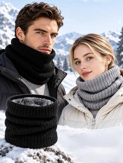 Thickened Winter Scarf, Unisex, Soft Fleece Lined Knitted Neck Warmer, Solid Color Striped Pullover Scarf, Suitable For Outdoor Hiking, Cycling, Travel, Warm Accessory For Cold Weather, Holiday Gift For Family And Friends