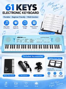 Teclado electrónico de 61 teclas con micrófono, instrumento de teclado multifuncional de entrada, alimentación dual, uso dual con enchufe y batería, instrumento musical portátil para actuaciones en el hogar, práctica musical y uso diario - Varias opciones disponibles (embalaje mejorado) - Ver 24