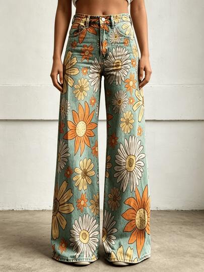 Nuevo Producto Pantalones Vaqueros de Cintura Alta con Estampado Retro y Pierna Ancha para Mujer, Pantalones Acampanados Vintage Boho, Pantalones Casuales de Estilo Callejero para Festivales con Bolsillos