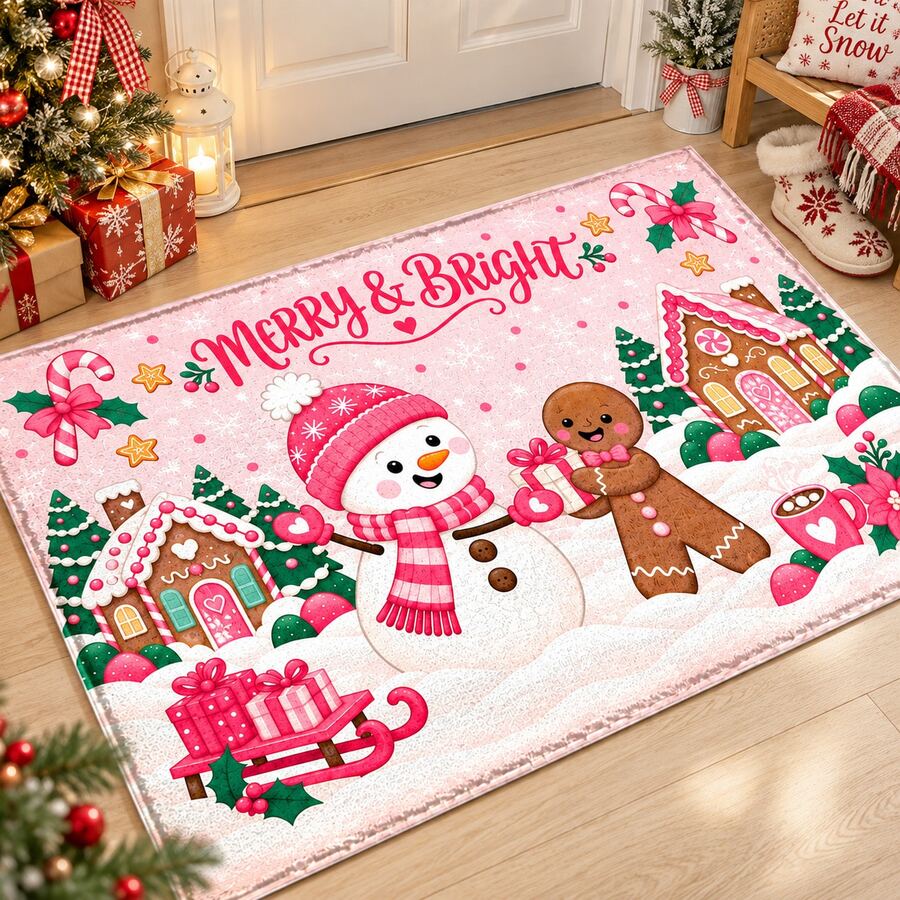 1pc Pink Candy Train Christmas Floor Mat, Fantasy Holiday Room Decor, Suitable For Kids Room, Game Room, Living Room And Christmas Party - Multicolor - View 1