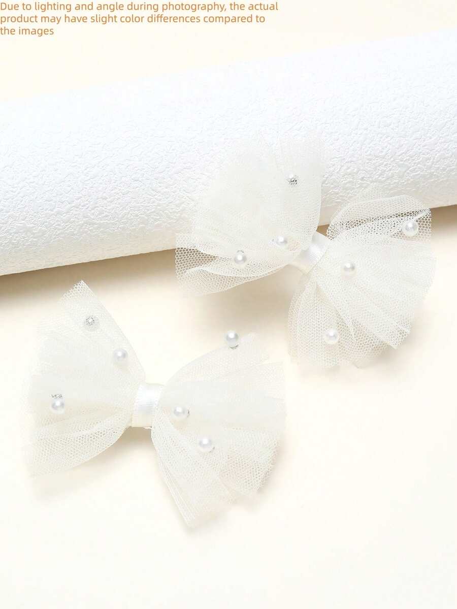 2pcs/Pack White Sheer Mesh Pearl Hair Clips, Mother's Day Kids Hair Accessories, Wedding Season Gift - White - View 1