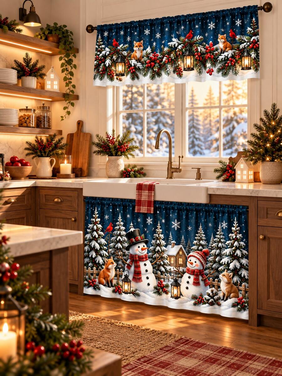 2pcs Blue Christmas Kitchen Curtain Set, Snowman Fox Cardinal Snowflake Winter Forest Print, Window Valance & Cabinet Curtain, Festive Kitchen Decor, Holiday Home Decor, Christmas Decorations For Home - Multicolor - View 1