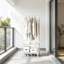 All-In-One Floor Standing Luggage, Shoe And Clothing Storage Rack, Vertical Coat Rack With High And Low Double Hanging Bars, Staggered Placement For Long And Short Garments, Side Hooks For Personal Items, Bottom Compartment Shoe Rack, Multifunctional Storage Rack For Bedroom And Entryway - Black and White - View 8
