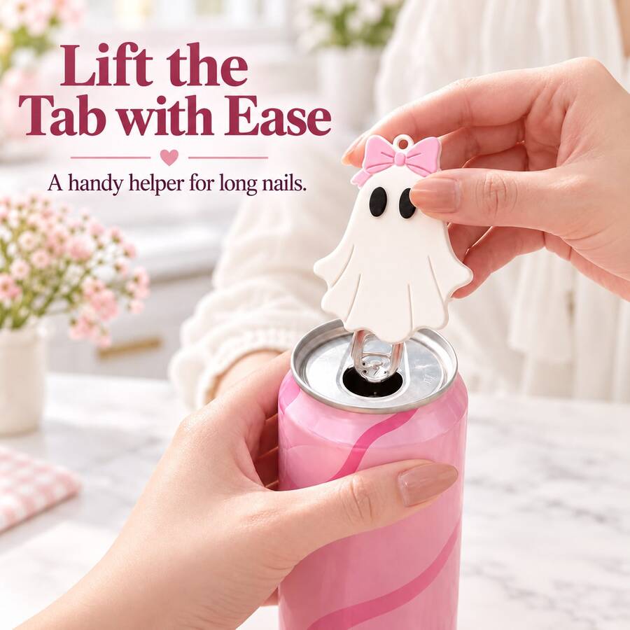 1pc Ghost Soda Can Pull Tab Opener With Pink Bow, Portable Long Nail Pull Tab Opening Tool, Halloween Beverage Can Opener, Small Kitchen Accessory For Home, Office, Picnic And Party - View 1