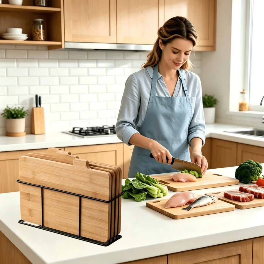 5pcs Assorted Cutting Boards Set With Iron Storage Rack, Marked Boards For Raw & Cooked Food Separation, Kitchen Sorting Food Prep, Suitable For Home Kitchens And Western Food Cooking - View 1