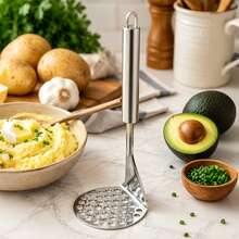 1pieza Machacador de Papas de Acero Inoxidable, Prensa Manual para Puré, Utensilio de Cocina Resistente con Mango Cómodo, Ideal para Papas, Aguacate, Verduras y Alimentos Suaves, Fácil de Usar y Limpiar, Accesorio Práctico para Cocina Mexicana, Perfecto para Preparar Purés, Guarniciones y Recetas Caseras - Plateado - Ver 4