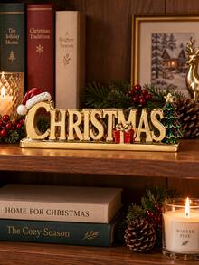1pc Gold Christmas Letter Resin Desktop Ornament, Christmas Table Decor With Santa Hat, Gift Box And Mini Christmas Tree, Holiday Fireplace Mantel Decoration - New Product - View 4