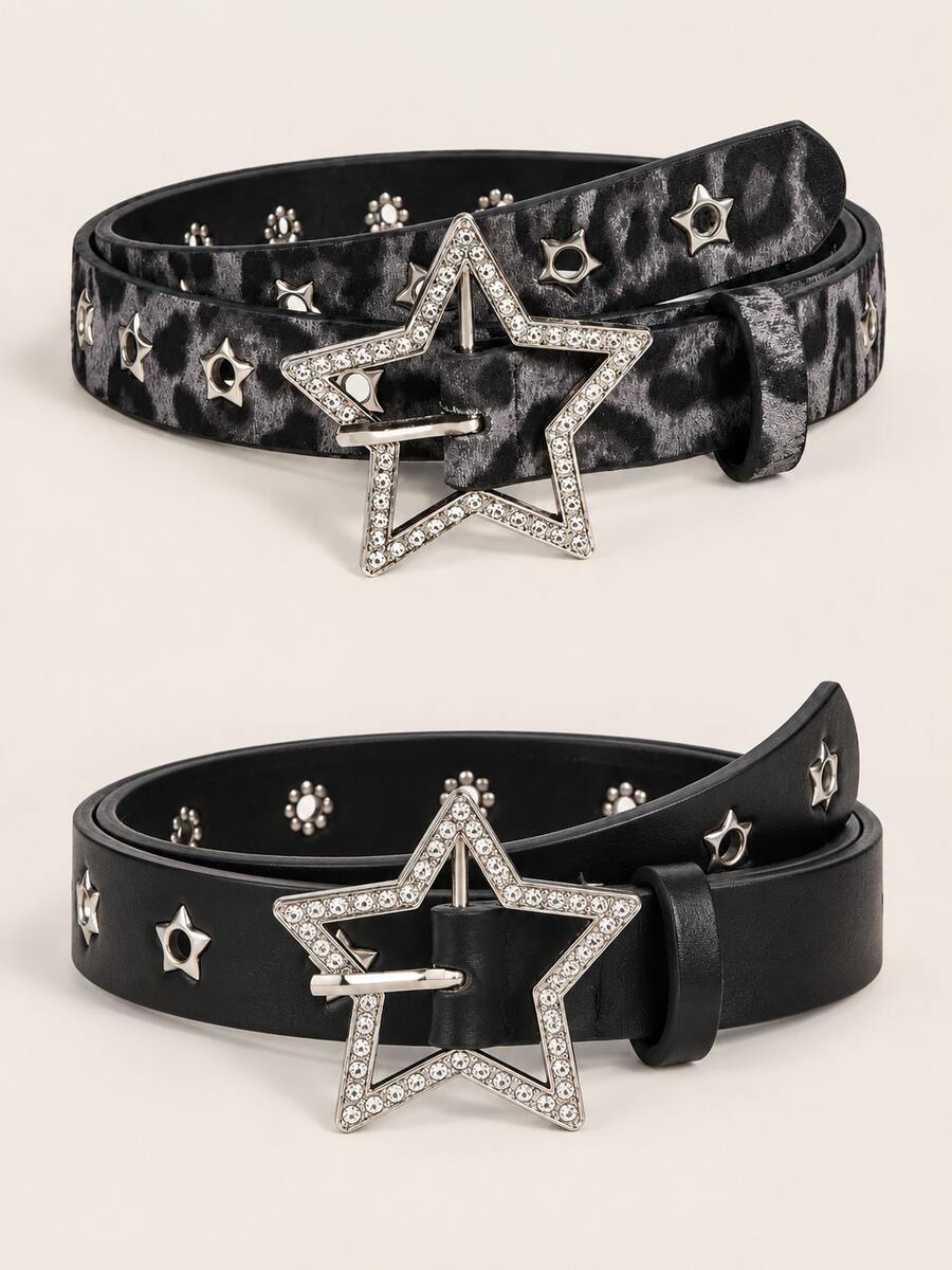 2pcs Women's Y2K Style Star Series Sparkling Diamond Engraved Metal Hollow Star Belt, Jeans Accessory, Suitable For Daily Use - Grey Leopard Print + Black Rhinestone Stars - View 1