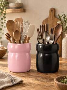 1pc Large Wide Mouth Utensil Holder, Waisted Design, 4 Colors Optional, Kitchen Counter Cooking Tool Flatware Storage Crock, Minimalist Wabi Sabi Home Decor, Housewarming Gift - Multicolor - View 2