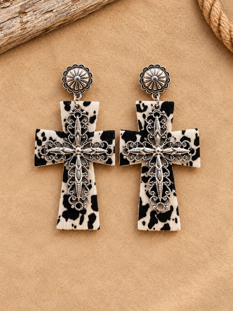 1 Pair Vintage Bohemian PU Leather Leopard Print, Cow Print, Cross Design Earrings, Western Cowboy Earrings With Turquoise, Horseshoe, Zebra Pattern (Leopard Print Size And Placement May Vary Slightly Each Pair)