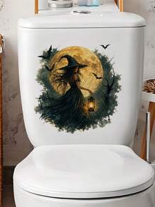 1pc Witch Pattern Toilet Sticker With Lantern Design, Water Tank Sticker, Bathroom Decor, Funny Toilet Sticker, Wall Decor, Home Decor, Enhance Your Home's Overall Aesthetic, Suitable For Halloween - one-size - View 4