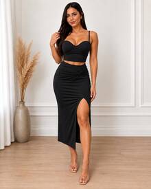 Conjunto Feminino Cropped Corset de Alça + Saia Midi com Fenda e Detalhe Franzido - Preto - Visão 2