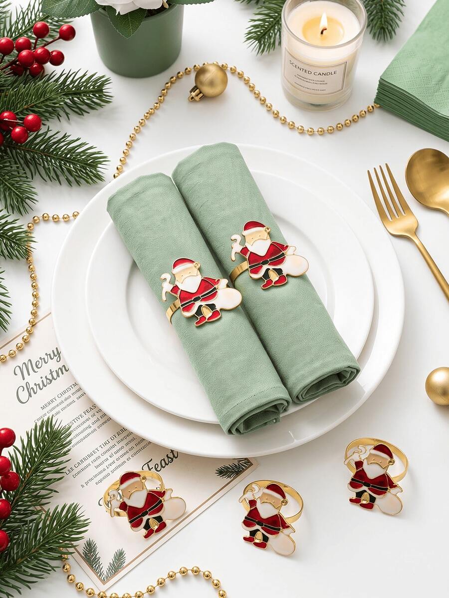 1-12pcs Red Black White Gold Santa Claus Napkin Rings, Cute Holiday ...