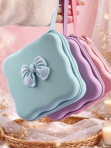 Cute Bow Decor Portable Storage Case With Wrist Strap, Multi-Purpose Soft Silicone Shell Mini Organizer Bag, Can Store Jewelry, Cosmetics, Coins, Sanitary Pads, Charging Cables And Hair Accessories - Multicolor - View 2