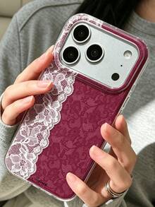 優雅浪漫蕾絲花卉印花亮片透明軟手機殼，適用於 iPhone 18 Pro Max 18 Pro 17 Pro Max 17 Pro 17 16 Pro Max 16 Pro 16 15 Pro Max 15 Pro 15 14 Pro Max 14 Pro 14 13 Pro Max 13 Pro 13 12 Pro Max 12 Pro 12 11，創意時尚透明軟亮面果凍防震保護殼 - 櫻桃紅蕾絲花紋 - 查看 3