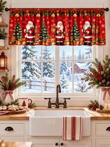 1pc-Short Christmas Window Drape Set, Red Santa Claus Christmas Tree Golden Bells Gift Box Snowflake Printed Kitchen Valance & Sink Cabinet Curtain, Rustic Holiday Window Treatment, Warm Winter Seasonal Home Decor For Farmhouse Kitchen Sink Window - Multicolor - View 9