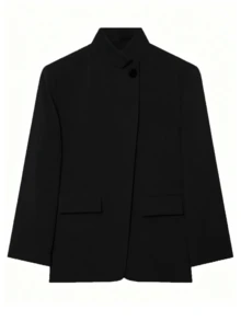 Women's Elegant Asymmetric Open Front Casual Blazer, Vintage Style, Suitable For Commuting And Office Wear, Black, Early Autumn/Spring - Black - View 9