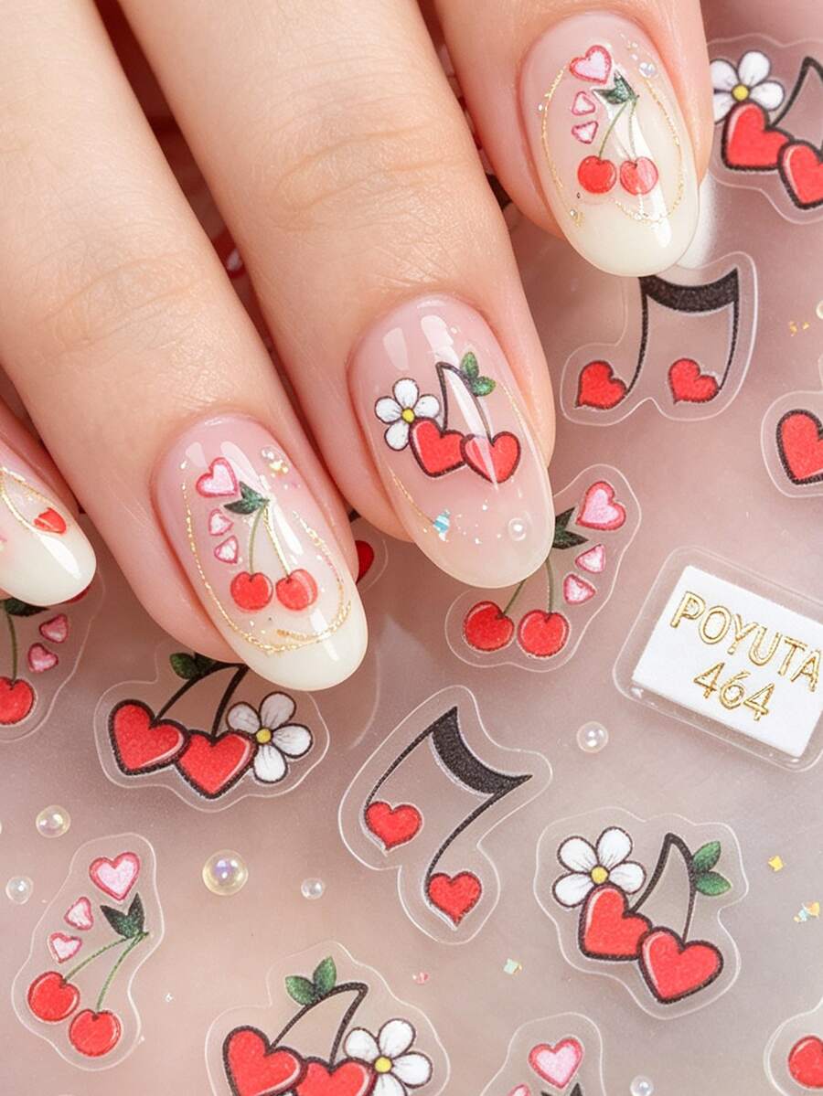 1pc Red Cherry & Small Heart Nail Stickers, White Daisy & Music Note Nail Decals, Autumn Self-Adhesive Glitter Nail Art, Asymmetrical Shape, Sweet Style, Suitable For Daily Commute
