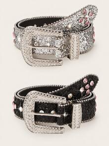 2件裝亮片穿孔時尚派對聚會女款PU腰帶，適合嘉年華、返校季、聖誕節、萬聖節日常穿搭 - 銀色+黑帶身水鑽 - 查看 2