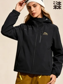 mulinsen 女款連帽軟殼夾克，保暖內裡，防風，全拉鍊開合，適合戶外活動與休閒穿著 - 黑色 - 查看 2