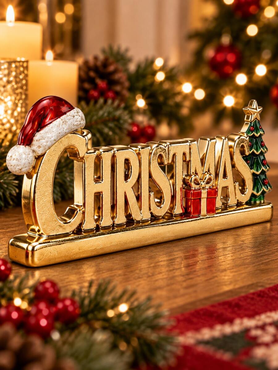 1pc Gold Christmas Letter Resin Desktop Ornament, Christmas Table Decor With Santa Hat, Gift Box And Mini Christmas Tree, Holiday Fireplace Mantel Decoration - New Product - View 1