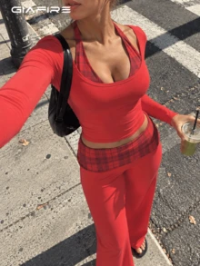 Women's Sexy High Elasticity Red 2 Pieces Set, Round Neck Long Sleeve Top With Plaid Belt Detail, Suitable For New Year Or Autumn - Red - View 1