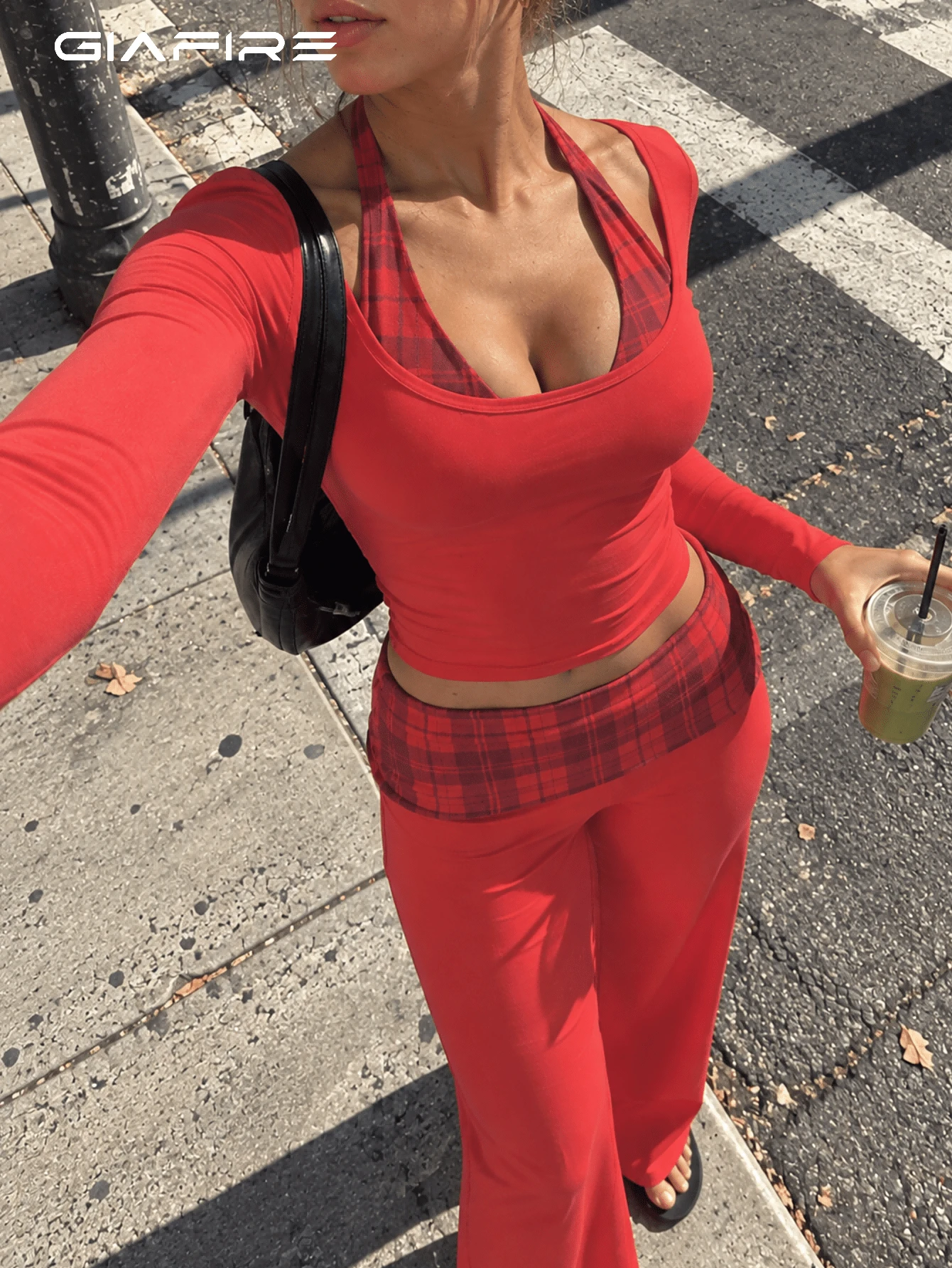 Women's Sexy High Elasticity Red 2 Pieces Set, Round Neck Long Sleeve Top With Plaid Belt Detail, Suitable For New Year Or Autumn - Red - View 1