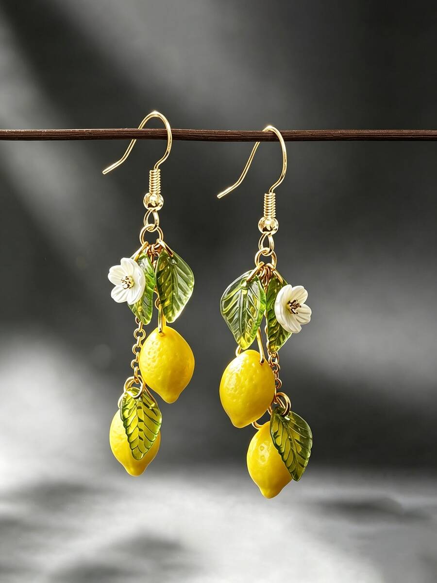 Resin Lemon & Raspberry Earrings, Lightweight Fruit-Shaped Earrings, Cute & Sweet, Pastoral Style Earrings, Best Choice For Birthday Gift - Multicolor - View 1